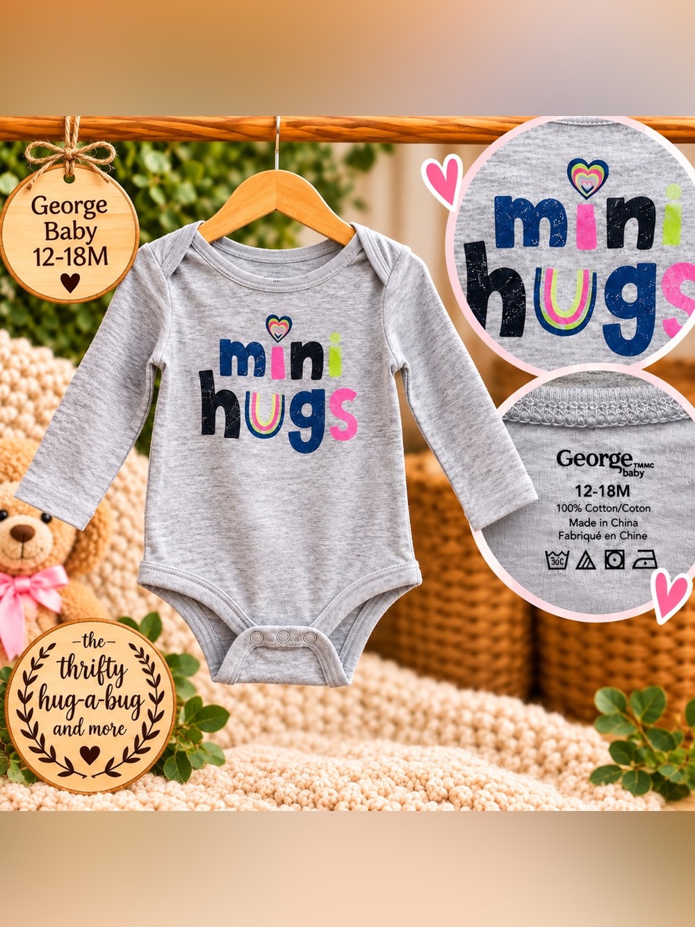 🌈 George Baby “Mini Hugs” Long Sleeve Bodysuit | 12–18M 💕